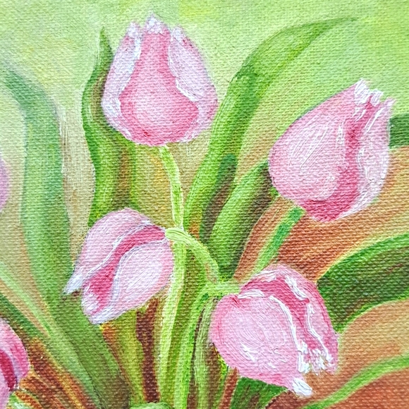 Artist signed framed still life oil painting of pink tulips in a vase - Picture 4 of 6